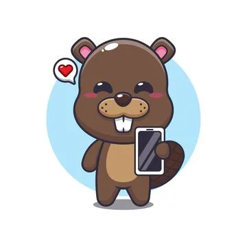Beaver mascot cartoon character vector illustration with mobile phone. Stock Illustration