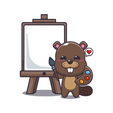 Beaver mascot cartoon character vector illustration wants to paint on canvas. Stock Illustration