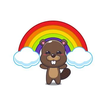 Beaver mascot cartoon character vector illustration with rainbow. Stock Illustration
