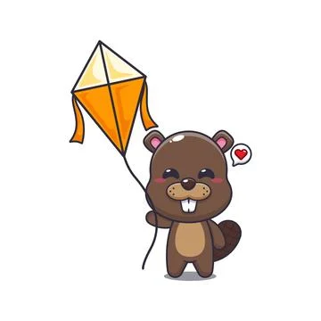 Beaver mascot cartoon character vector illustration playing kite. Stock Illustration
