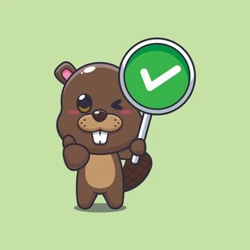 Beaver mascot cartoon character vector illustration with correct sign. Stock Illustration
