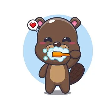 Beaver mascot cartoon character vector illustration brushing teeth. Stock Illustration