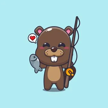 Beaver mascot cartoon character vector illustration catching fish with fish.. Stock Illustration