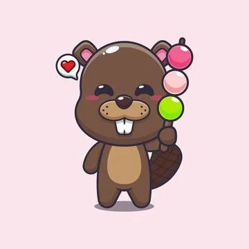 Beaver mascot cartoon character vector illustration eating dango. Stock Illustration