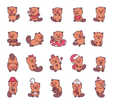 Beaver set with cute friendly emotions Illustrazione stock
