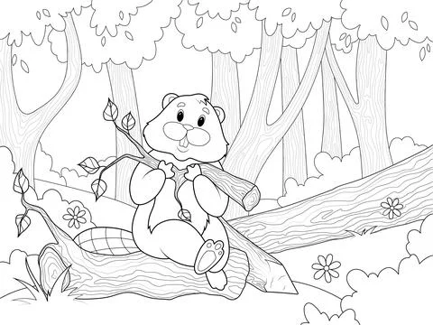 Beaver sits on tree in forest, holding branch in his teeth. Coloring book. Stock Illustration