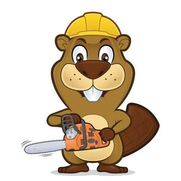 Beaver wearing a construction hat and holding a chainsaw Stock Illustration