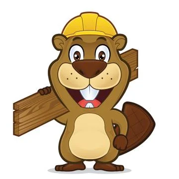Beaver wearing a construction hat and holding a plank of wood Illustrazione stock