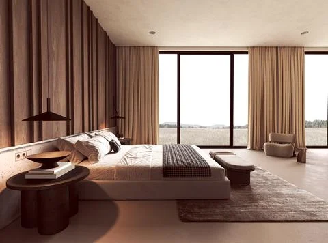 Bed and dark side table in a minimalist wabi sabi bedroom interior Stock Illustration