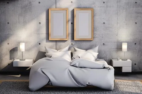 Bed and empty frames against concrete wall. 3d render 스톡 사진