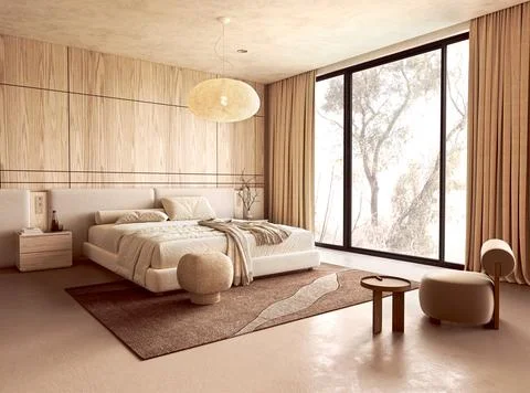 Bed and small wooden table in a scandinavian japandi bedroom with paneled wall Illustrazione stock