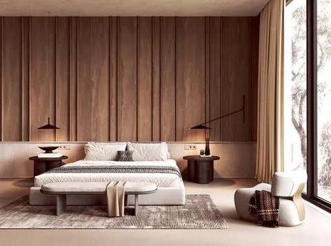 Bed and upholstered bench in a japandi bedroom with wood paneled wall Stock Illustration
