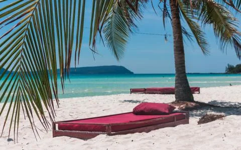 A bed at the beach under a plam tree Stock Photos
