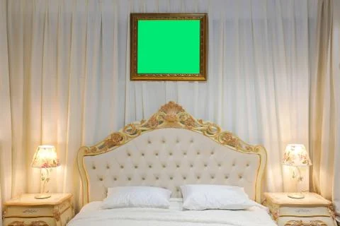 Bed in the bedroom interior Foto stock