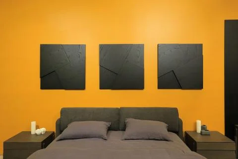 Bed in the bedroom interior Stock Photos