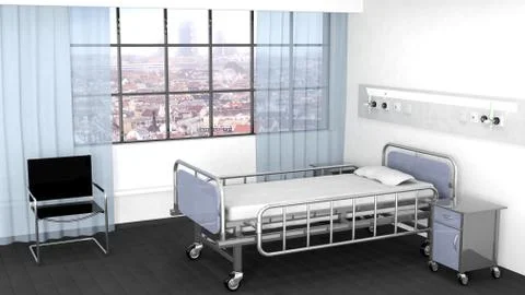 Bed, bedside table and chair in hospital room with window Stock Illustration