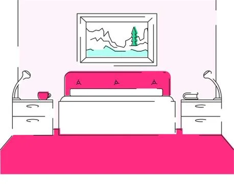 Bed, bedside table, part of the bedroom. Linear interior with colored elements. Stock Illustration