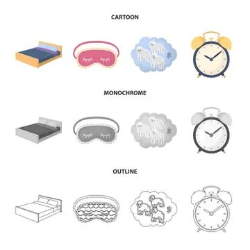 A bed, a blindfold, counting rams, an alarm clock. Rest and sleep set collection Stock Illustration