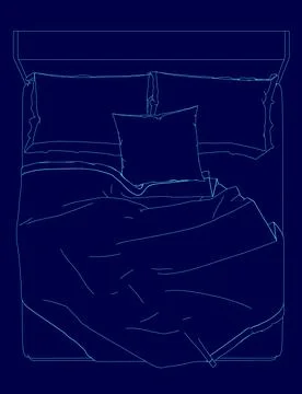 Bed with a blue comforter and pillows. The bed is shown in a blue drawing Stock Illustration