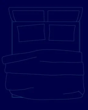 Bed with a blue sheet and pillows. The bed is shown in a blue contour Stock Illustration