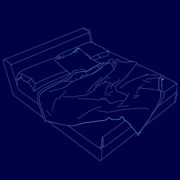 Bed with a blue sheet and pillows. The bed is unmade and the sheet is wrinkled Stock Illustration