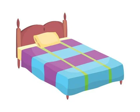Bed cartoon. Vector illustration of color bed with pillow and cover. Icon of Stock Illustration