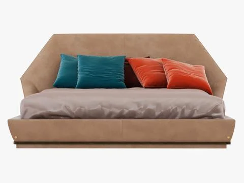 Bed with color pillows front view 3d rendering Illustrazione stock