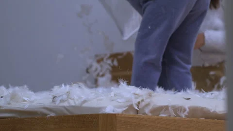 Bed covered with feathers with children in background doing a mess during p.. Stock Footage 260915535