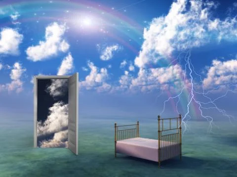 Bed in fantasy landscape Stock Illustration