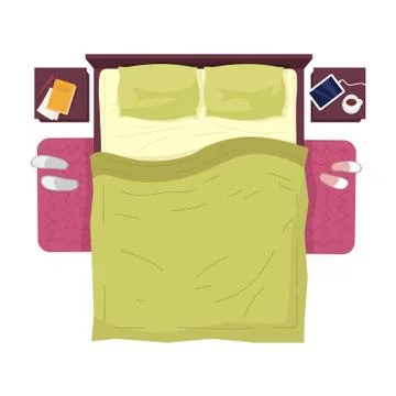 Bed with green linens top view with nobody semi flat RGB color vector illustr Stock Illustration