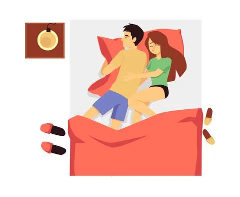 Bed with hugging sleeping young couple, flat vector illustration isolated. Stock Illustration