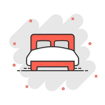 Bed icon in comic style. Bedroom cartoon sign vector illustration on white is Stock Illustration