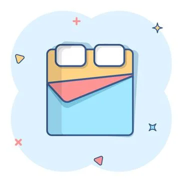 Bed icon in comic style. Bedroom cartoon sign vector illustration on white is Stock Illustration