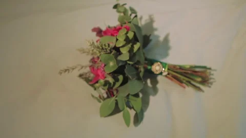 On Bed Lies Designer Bouquet of Bride Stock Footage 80026053