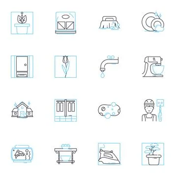 Bed linear icons set. Cozy, Comfortable, Sleep, Mattress, Sheets, Pillow, Rest Stock Illustration