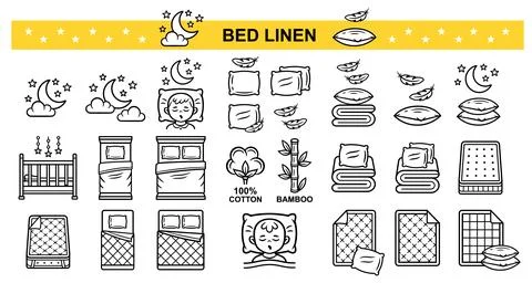 Bed linen, bedding sheet textile, blanket duvet, pillow, bedroom furniture icon Stock Illustration
