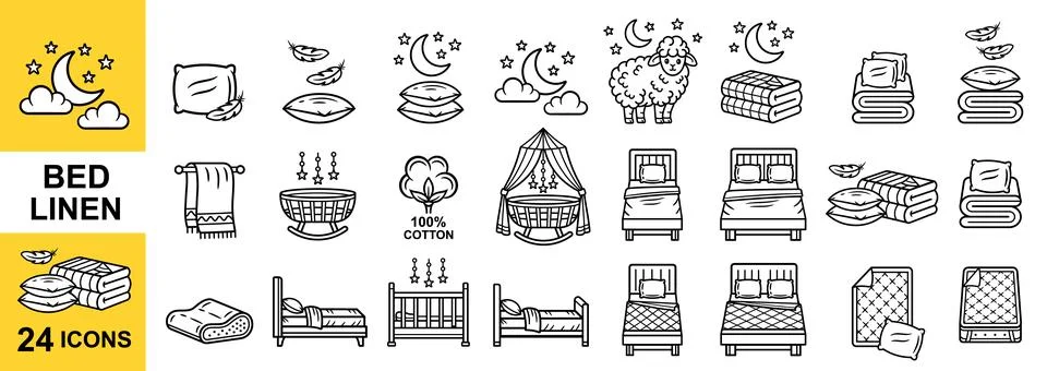 Bed linen, bedding sheet textile, bedroom furniture. Baby cot, bedclothes icon Stock Illustration