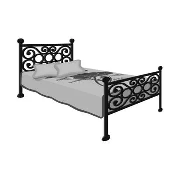 Bed with metal base.Bed with pink bed and forged back.Bed single icon in Stock Illustration