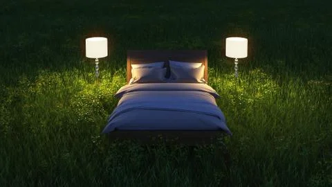Bed in night field Stock Illustration