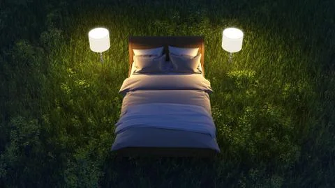 Bed in night field Stock Illustration
