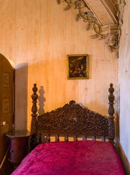 Bed. Part of Interior of National Palace of Pena on a Sintra Hills, Portugal 스톡 사진