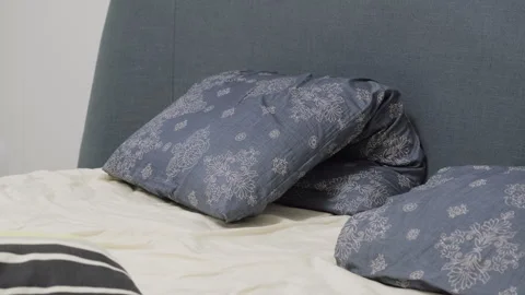 Bed with patterned blue pillows and headboard Stock Footage 336123628