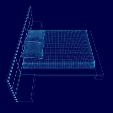 Bed with a pillow on it. The pillow on bed is blue. The bed is a cartoonish Stock Illustration