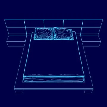 Bed with pillows and a blue background. The bed is shown in a blue color. The Stock Illustration