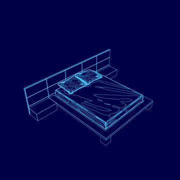 Bed with pillows and a blue background. The bed is shown in a stylized way, with Stock Illustration