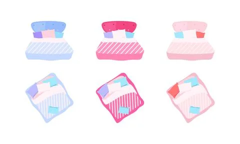 Bed with pillows flat color vector objects set Stock Illustration