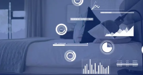 Bed remaining centered in room while smart app launching HUD sleep graphs Stock Footage 331380379