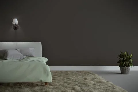 Bed Room Interior with green bed and carpet with a lamp and tree, white floor Stock Illustration
