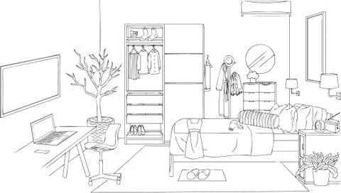 Bed Room Outline Stock Illustration