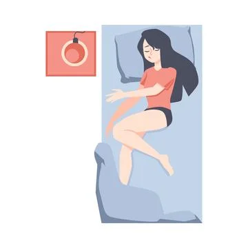 Bed with side table and sleeping woman, flat vector illustration isolated. Stock Illustration